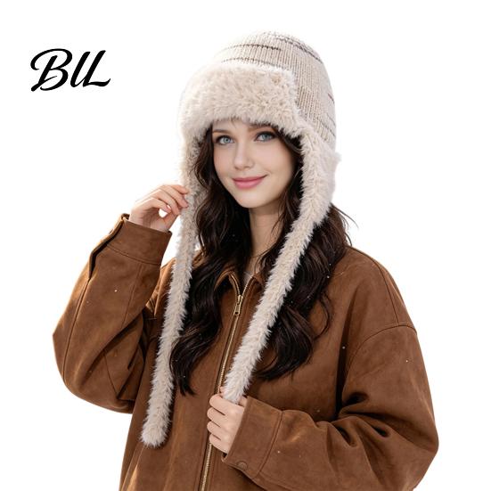 Winter Outing Accessories Women Trapper Hat, Wool Blend Knitted Hat with Ear Flaps, Fuzzy Trim, Warm Knit for Cold Weather Hiking Skiing Outdoor Caps