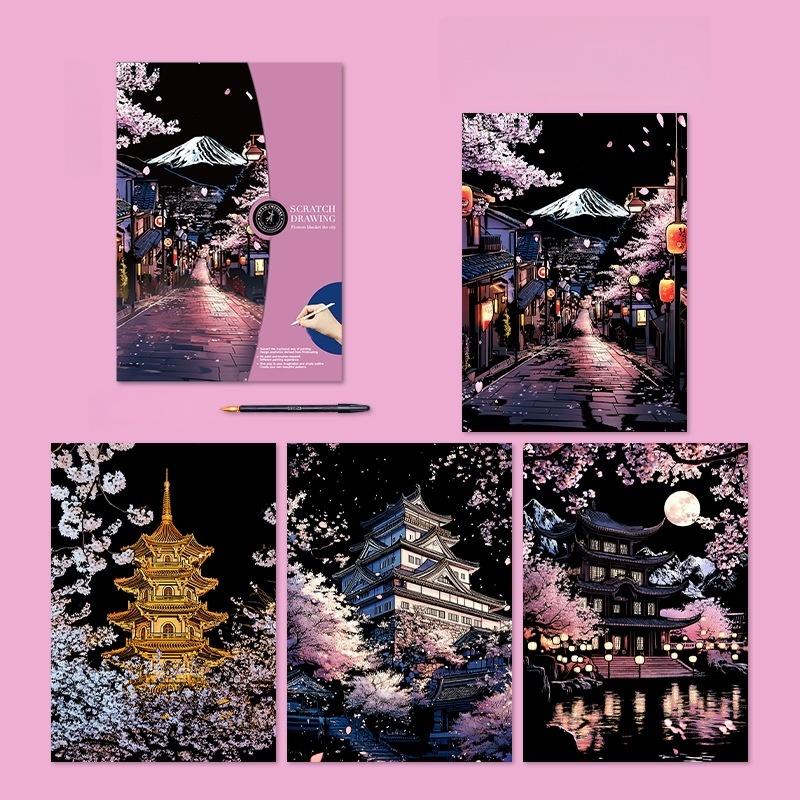 DIY 4PCS/Set A3 Colorful City Night Scenery Landscape Laser Scratch Painting With Tool Landmark Scratch Art Room Decor Gift