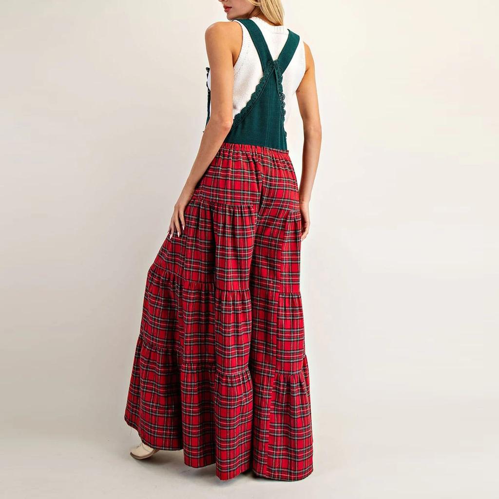 Women's Fashion Ruffled Pocket British Vintage Check Wide-Leg Colour-Blocking Suspender Jumpsuit