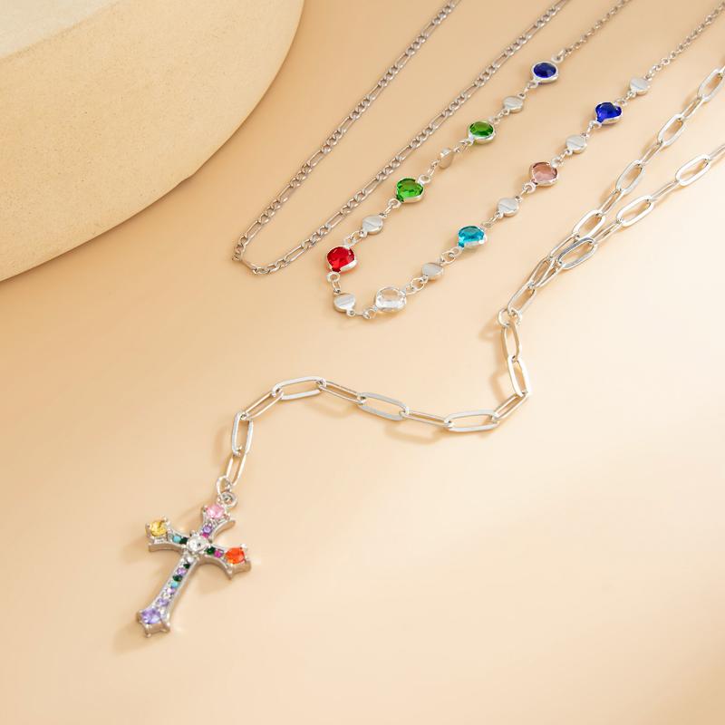Fashionable Light Luxury Jesus Cross Pendant Necklace Set For Women Trendy Colorful Crystal Chain Choker Christian Jewelry Gift