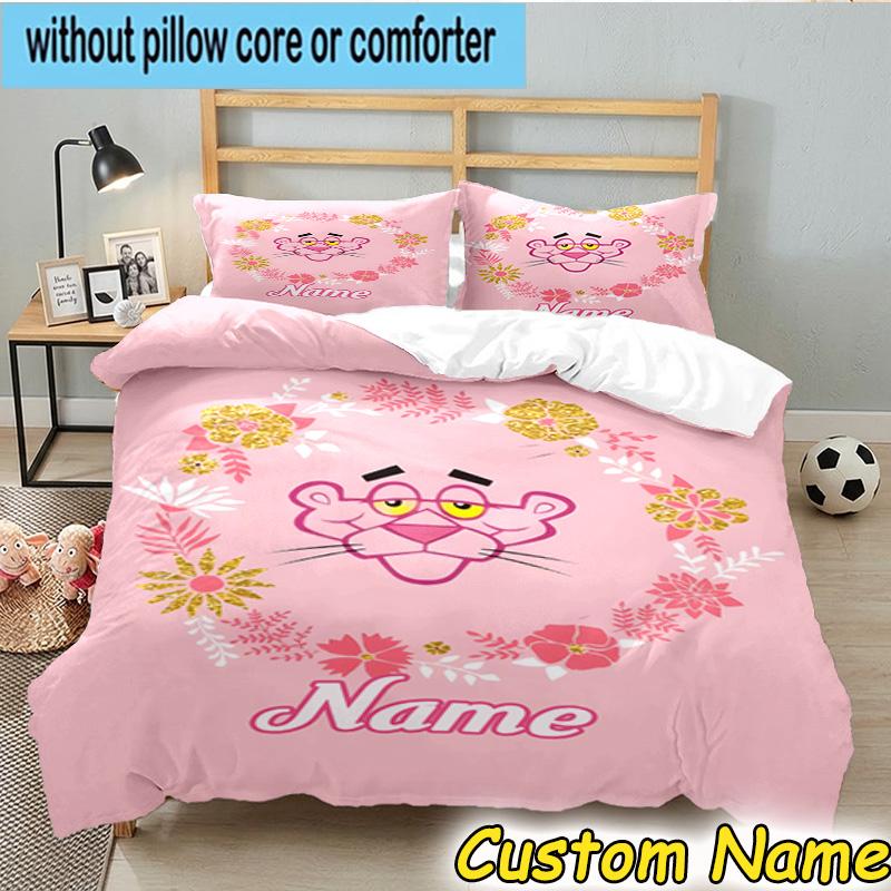 3PCS Custom Name Pink-Panther Heart Bedding Set Including 1pc Duvet Cover And 2pcs Pillowcases for Bedroom, Dormitory Gift Home Decor