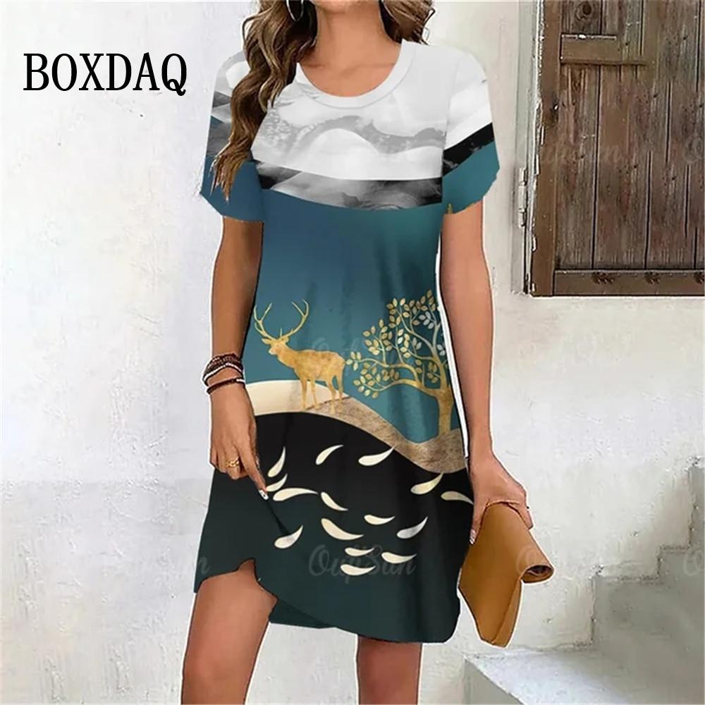 Golden Elk Print Dress Women Cute Christmas Evening Dress New Short Sleeve Sexy Dresses Fashion Party Holiday Woman Clothes