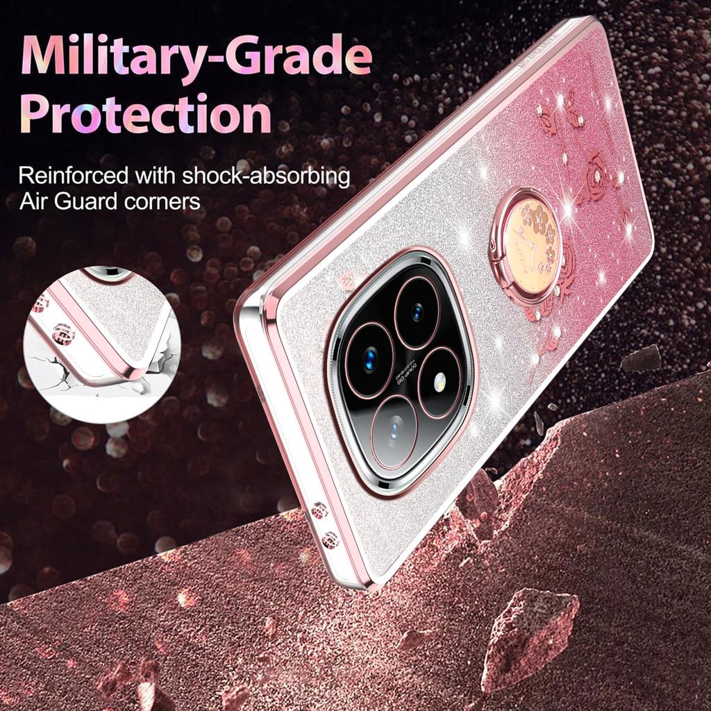 For Xiaomi Redmi Note 14 Pro+ 5G Case Ring Kickstand TPU Flowers Phone Cover Gradient Glitter