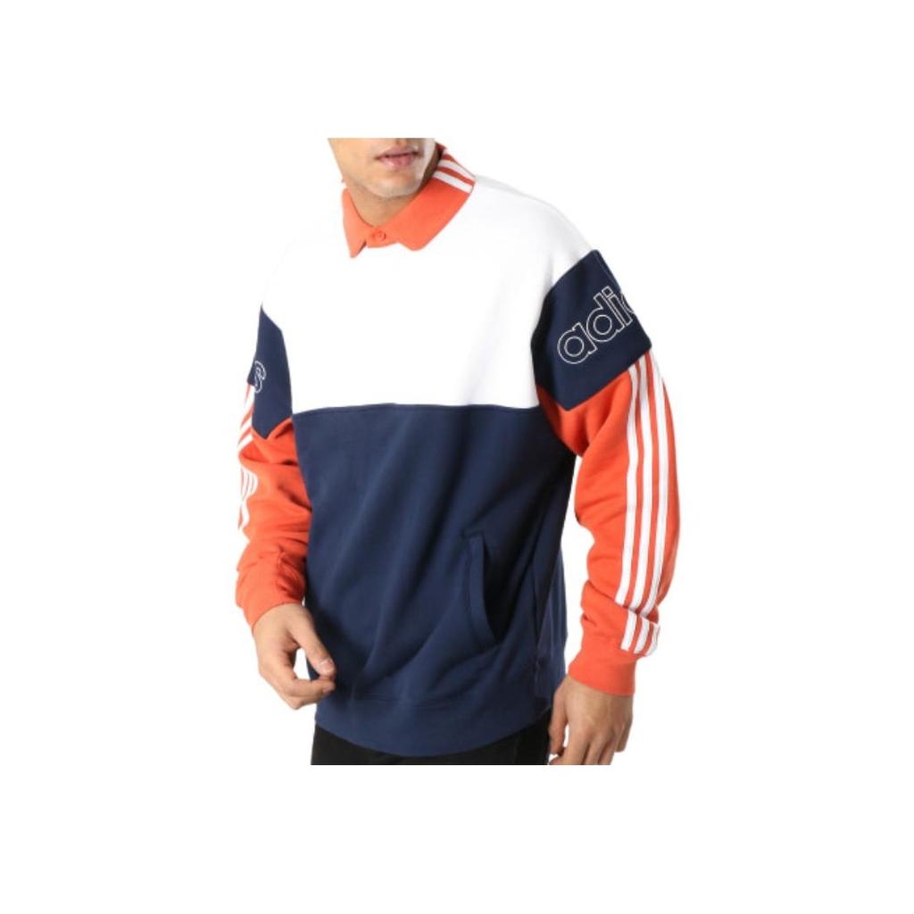 Adidas Originals Trefoil Contrast Stripe Casual Polo Long Sleeve Sweatshirt Unisex Tops White Orange Royal-Blue DV3146