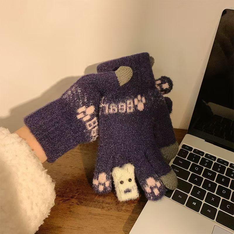 Knitted cute finger bear wool knitted cycling cold-proof woman