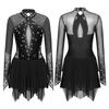 Women's Shiny Rhinestone Figure Ice Skating Dress Long Sleeve Irregular Hem Ballet Skirted Leotard
