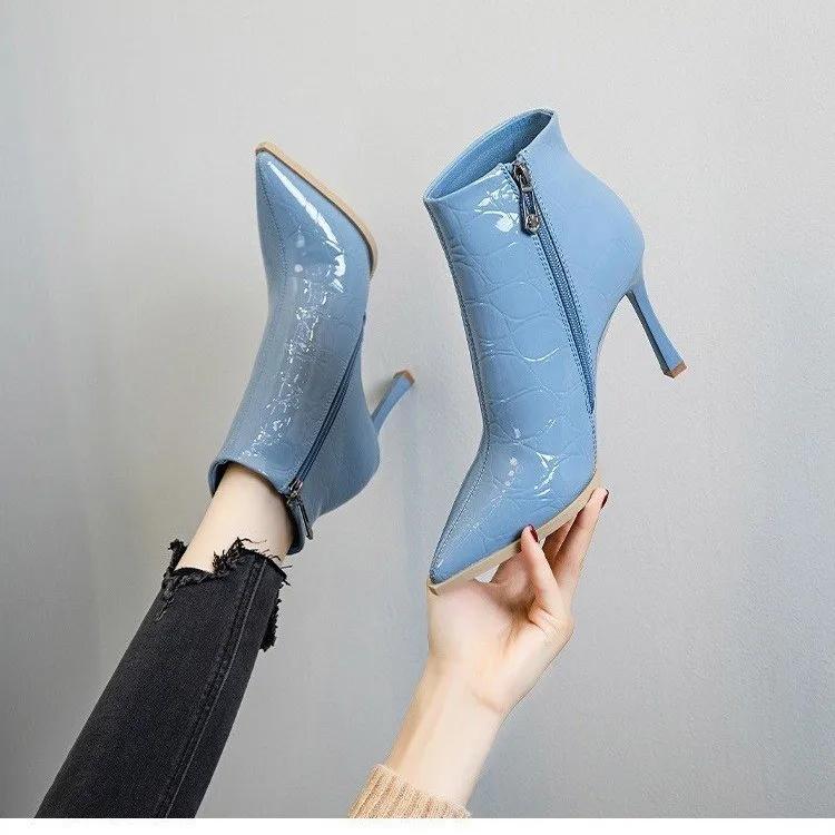 Модные туфли-лодочки с острым носком, женские ботильоны на высоком каблуке, водонепроницаемые ботильоны на высоком каблуке с боковой молнией, 2024, лакированная кожа, Botas De Mujer