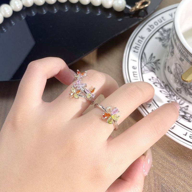 Color Dopamine Zircon Wreath Butterfly Ring Women'S Light Luxury High-End Niche Design Stacked Wearing Colored Treasure Index Finger Ring