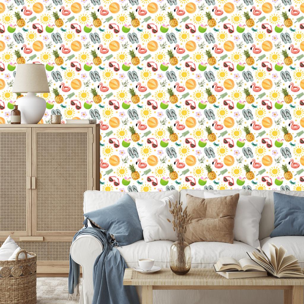Summer wallpaper white, cream and coral for living room and bedroom 50x1000