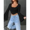 Women's New Solid Colour U-neck Exposed Navel Thin Fashion Flare Long-sleeved Top Sexy Short T-shirt