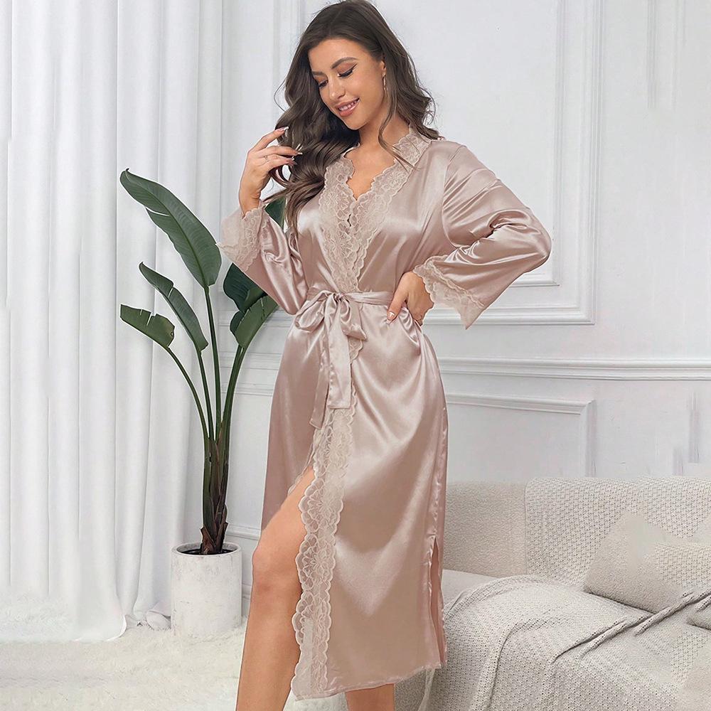 Satin Lace Sleepwear Set Luxury Long Sleeve Robe Cooling Nightgown Sexy Loungewear Bathrobe Women Elegant Home Dress