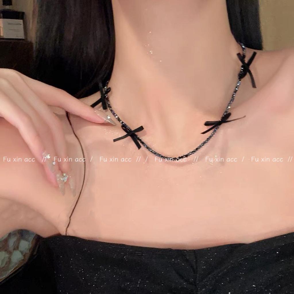 Изысканное ожерелье из хрустальных бусин с бантом из ленты - легкий роскошный стиль из Тондэмуна, Южная Корея