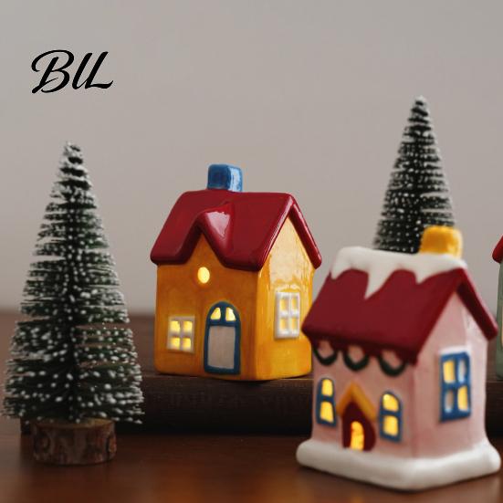 Ceramic Holiday Ornaments Christmas House Figurine, Glowing Window & Chimneys Decor, Miniature Decor for Tabletop Ornament Shelf Mantel, Fairy