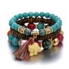 3Pcs Bohemian Stone Beads Bracelet Set For Women Tassel Elephant Charm Elastic Chain Bangle Female Boho Party Jewelry