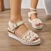 Large Size Women, Summer New Fish Mouth Woven Hollow One-word Buckle Outside Wearing Thick-soled Wedge Sandals