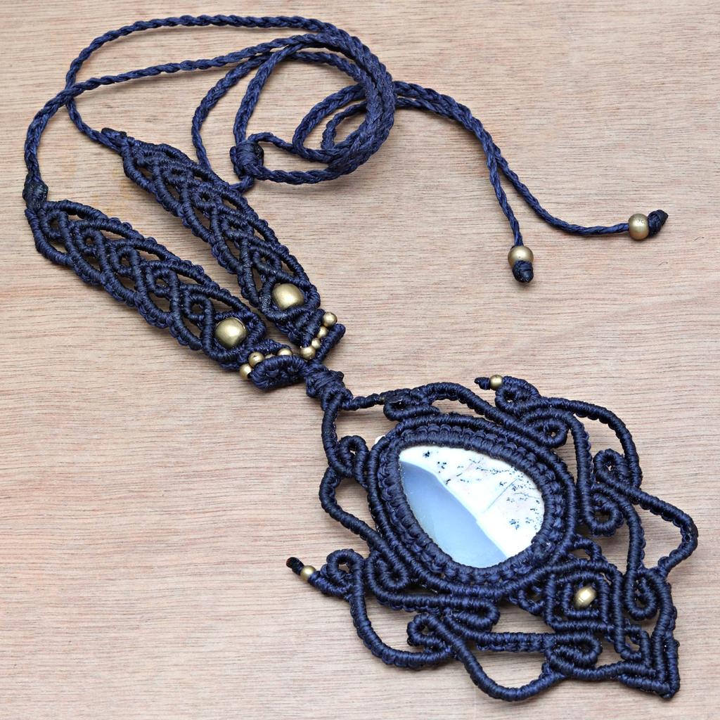 Macrame Opal Handmade Necklace Thread Gemstone Dendrite Pendant Jewelry