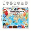 1 "Let the Adventure Begin" world map background, with travel-themed illustrations - birthday parties and outdoor celebr