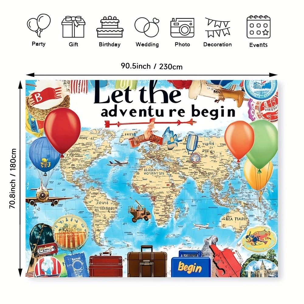 1 "Let the Adventure Begin" world map background, with travel-themed illustrations - birthday parties and outdoor celebr
