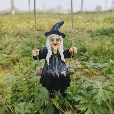 Хэллоуин Качели Статуя Призрака Смола Призрак Собака Ведьма на Качелях Фигурка Наружное Подвесное Украшение на Дерево для Сада Патио Газона Двора Декор