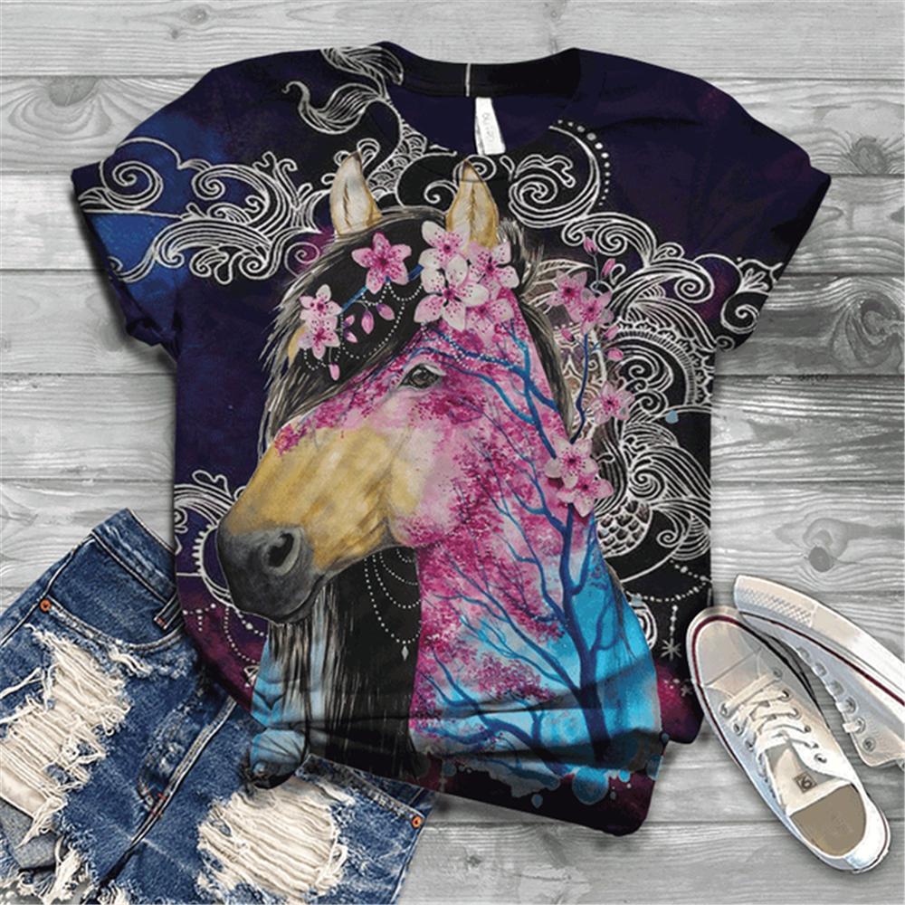 Женская футболка с коротким рукавом, летняя повседневная анимационная лошадь, цифровой 3D принт, сексуальный топ с диагональным воротником, свободный женский пуловер