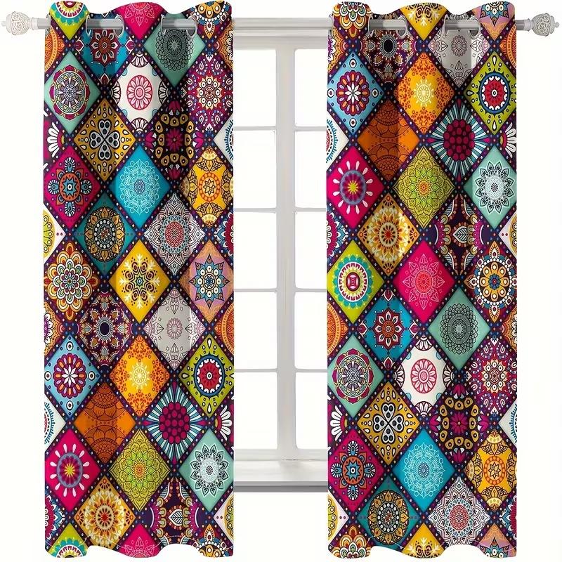 2 Pcs Colored geometric blocks print curtains,suitable for bedroom,living room kitchen decoration,home decoration,window decor