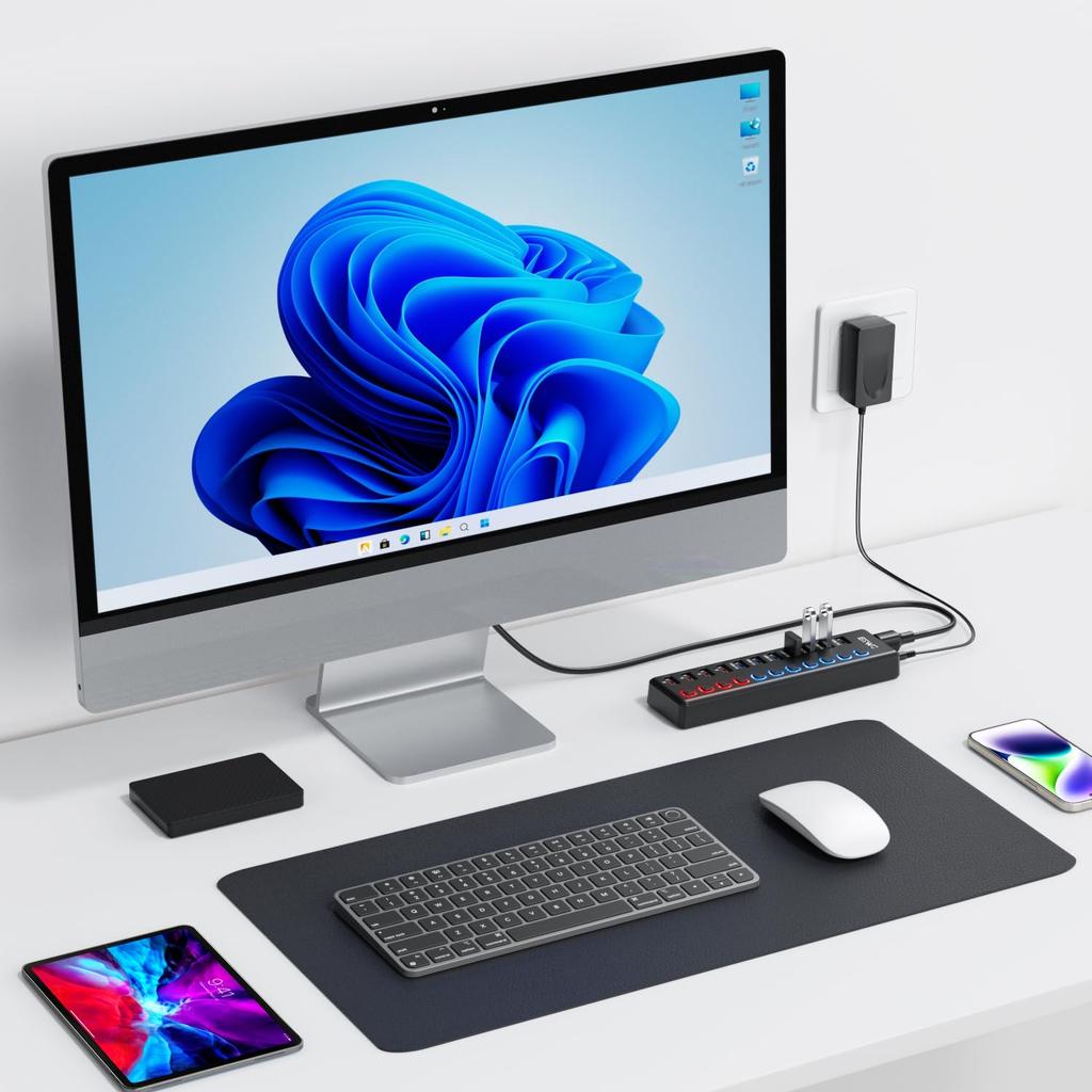 JESWO USB-хаб с питанием 7 портов расширения 4 зарядных USB 5 Гбит/с расширение данных с независимым адаптером переменного тока 12 В 3 А Совместим с Pro и другими системами