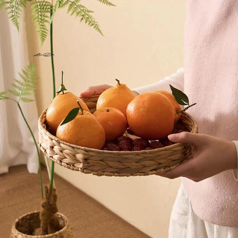 Плетеная корзина из ротанга ручной работы, круглая коробка для хранения, поднос из водного гиацинта - для фруктов, чая, закусок, хлеба, косметики, ювелирных изделий