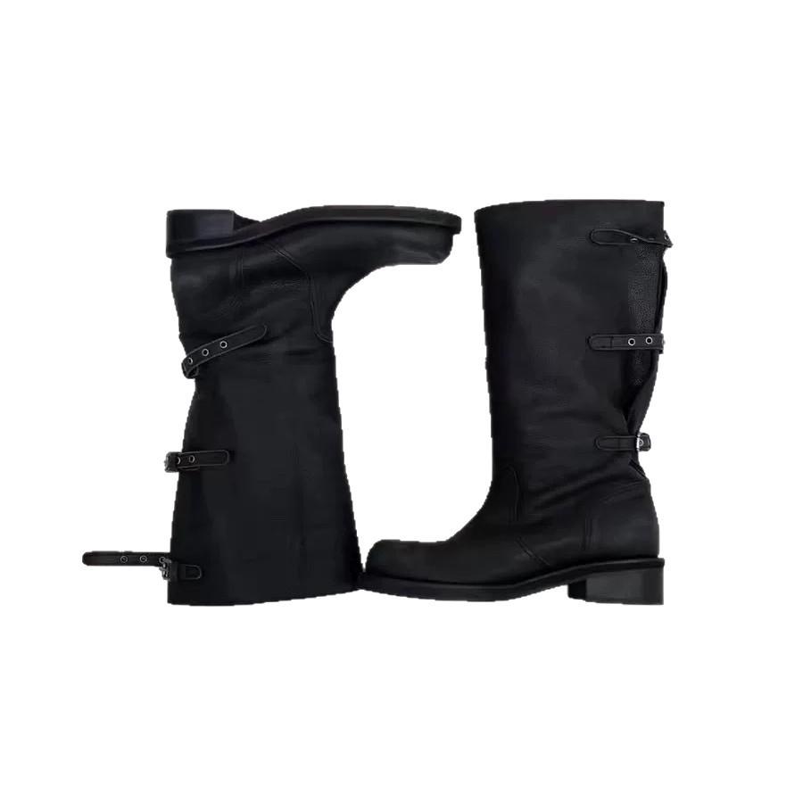 Cowhide Version Korean Version Thick Heel Pleated High Boots Women's New Folded Three-wear Outdoor Locomotive Boots Knight Boots Long Boots