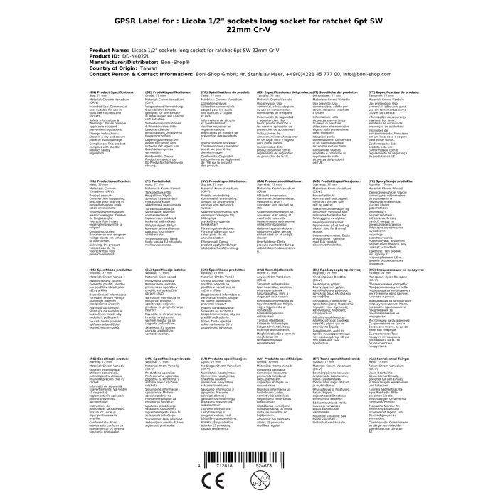 Douille 1/2 Pouce 22mm, Cr-V, Qualité Industrielle