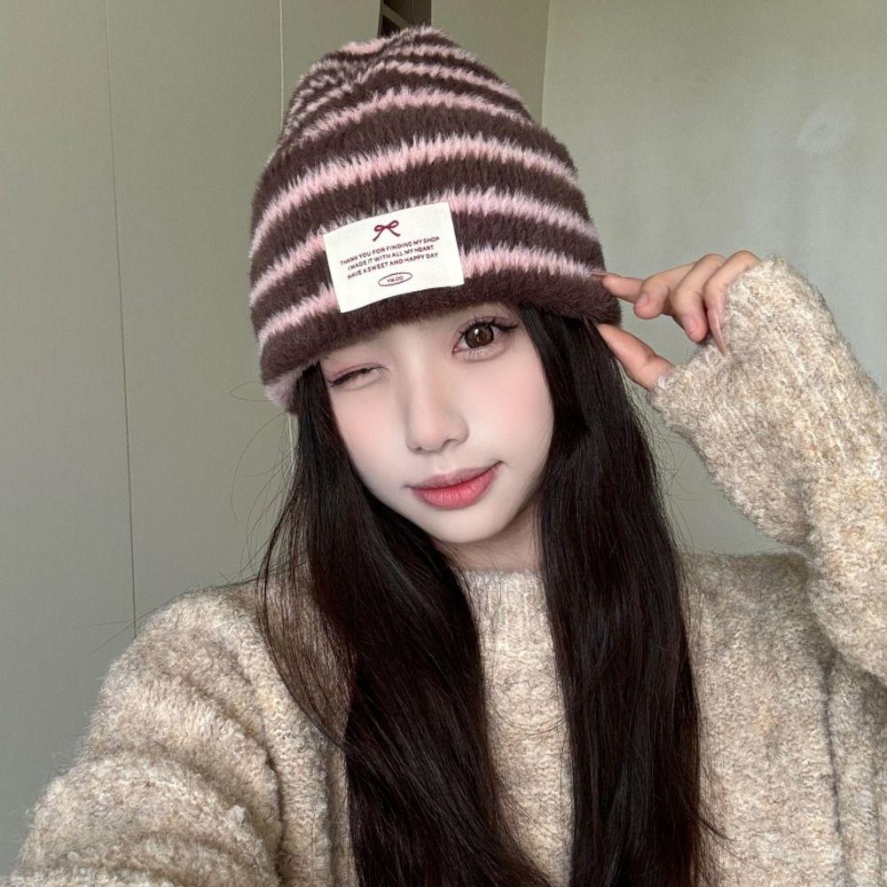 Earflap Knitted Beanie Hat Polyester Fall Winter Warm Hat Portable Striped Beanie Girls