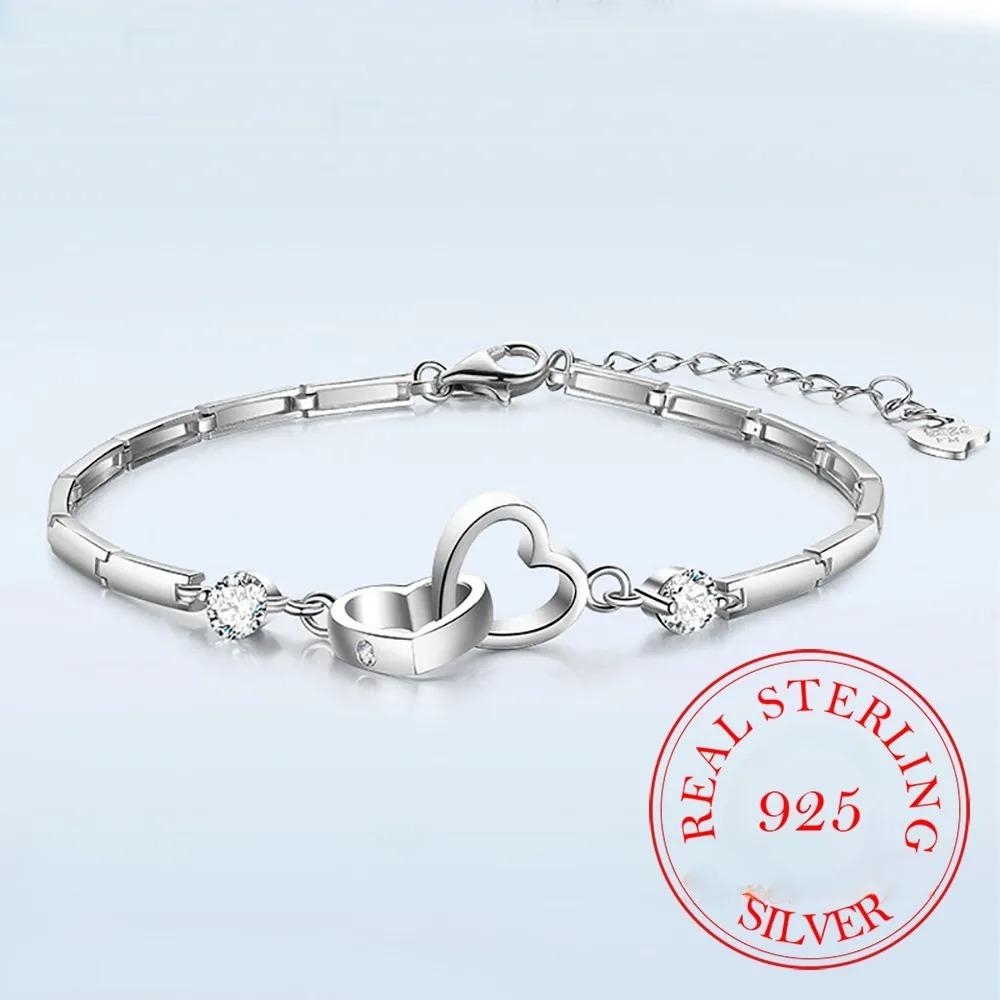 Charms 925 Silver Bracelets Bangles for Women Valentine's Days Gift Cubic Zircon Double Heart Bracelet Jewelry