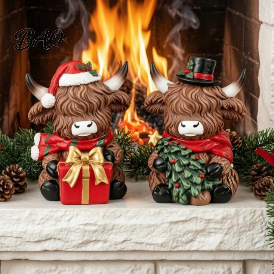 Christmas Tree Hanging Decorations Highland Cow Figurine, Resin Holiday Statue with Santa Hat & Decorative Sitting Figures Gift Box, Cute Calf Desktop