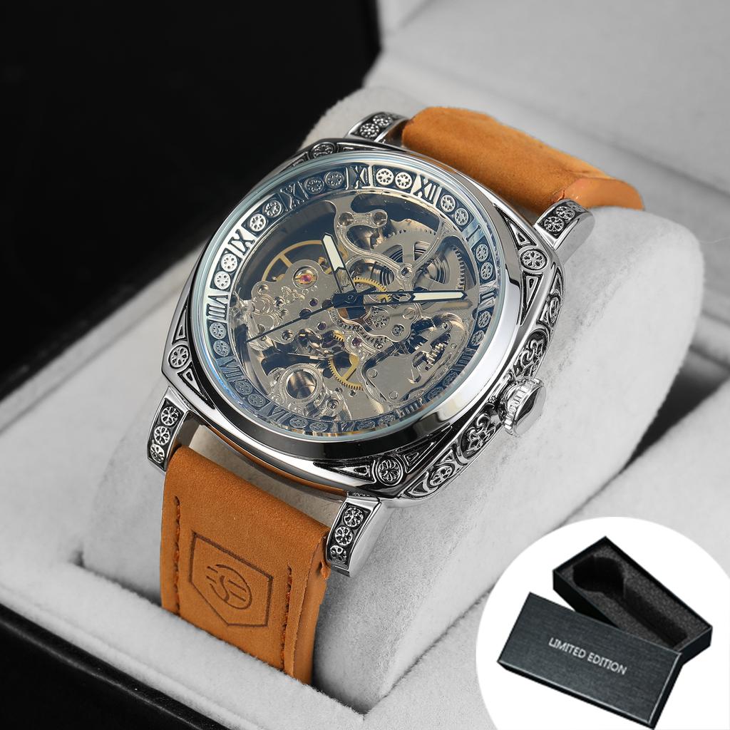 Forsining Royal Retro Skeleton Automatic Mechanical Watch for Men Leather Strap Business Casual Mens Watches Top Brand Gifts New