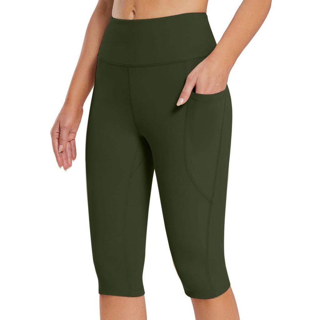 Women  Elastic High Waist 3/4 Pant Casual Active  Fit Wide Capris Leg Pants Trousers With Pockets