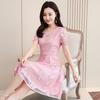 Women's Summer Plus Size Size V-neck Short-sleeved Lace Dress Elegant Waist Mid-length Temperament Skirt