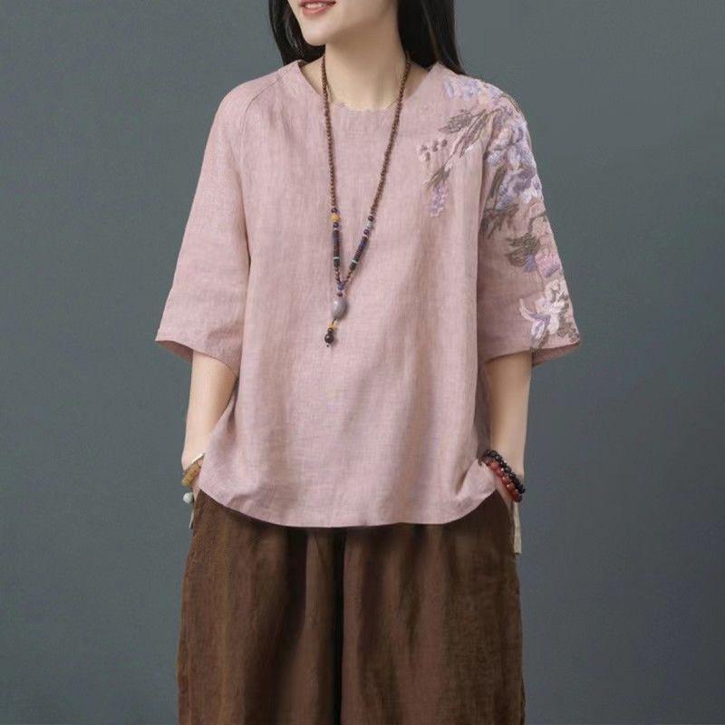 Льняной топ женский свободного кроя, художественный винтажный костюм в китайском стиле, вышивка, большой размер, повседневная футболка на лето
