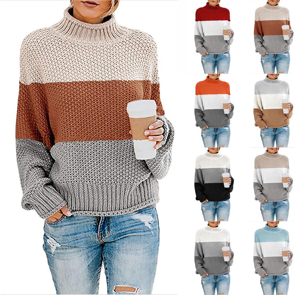 Женская мода повседневный цветной пэчворк свитер длинный рукав пуловер свитер топ