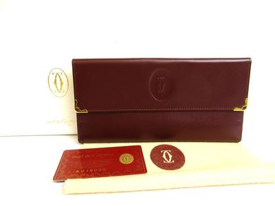 Оригинальный длинный кошелек Must de Cartier из бордовой кожи с клапаном #b074 Открытая коробка