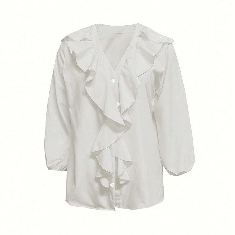 2025 New Autumn Style Splicing Temperament Ruffle Collar Button Fashion Solid Color Versatile Casual Long-sleeved Shirt