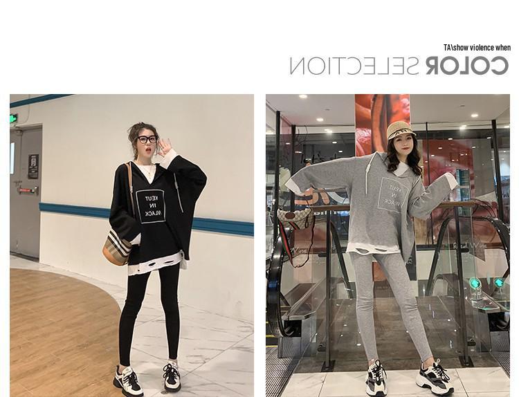 Женский осенний рваный худи с капюшоном и утягивающие леггинсы, комплект из двух предметов