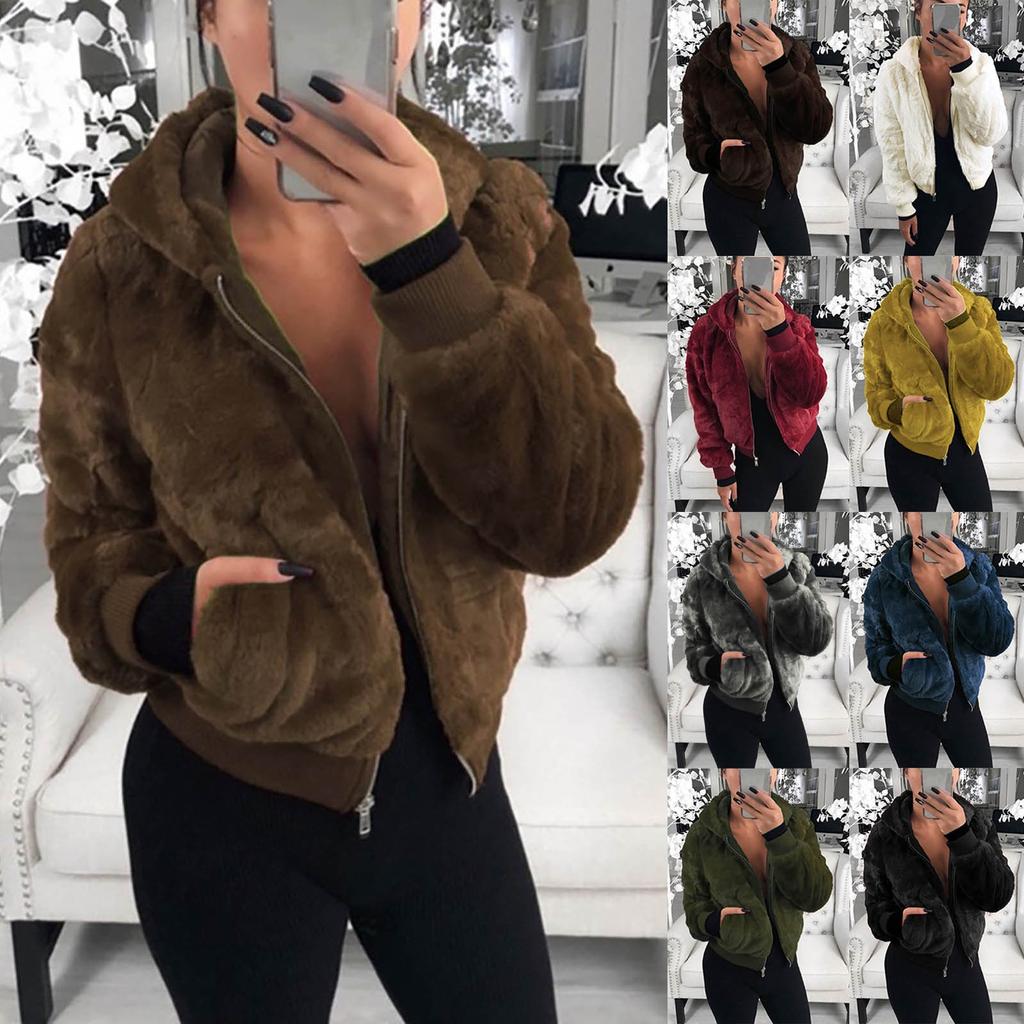 Women's Fashion Casual Hooded  Zipper Prokets Solid Long Sleeve Plush Coat