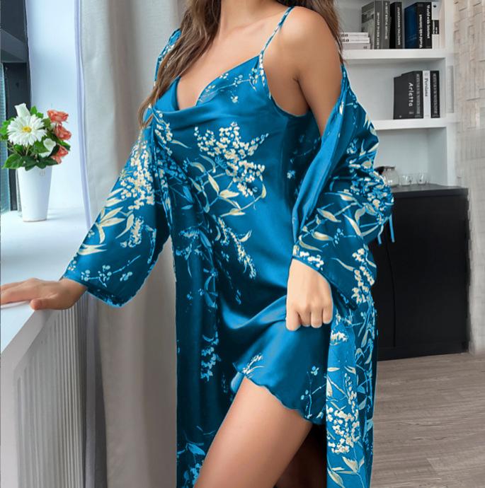 Тонкая стильная верхняя одежда, стильная пижама средней длины, женский комплект халатов на четыре сезона, ночная рубашка, комплект из двух предметов, большие размеры