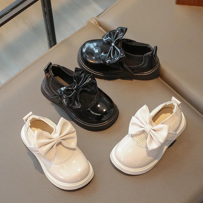 Модные новые вязаные туфли для девочек с бантом, из эластичной ткани, принцесса, детские балетки для школы, лоферы для маленьких детей на липучке, принцесса