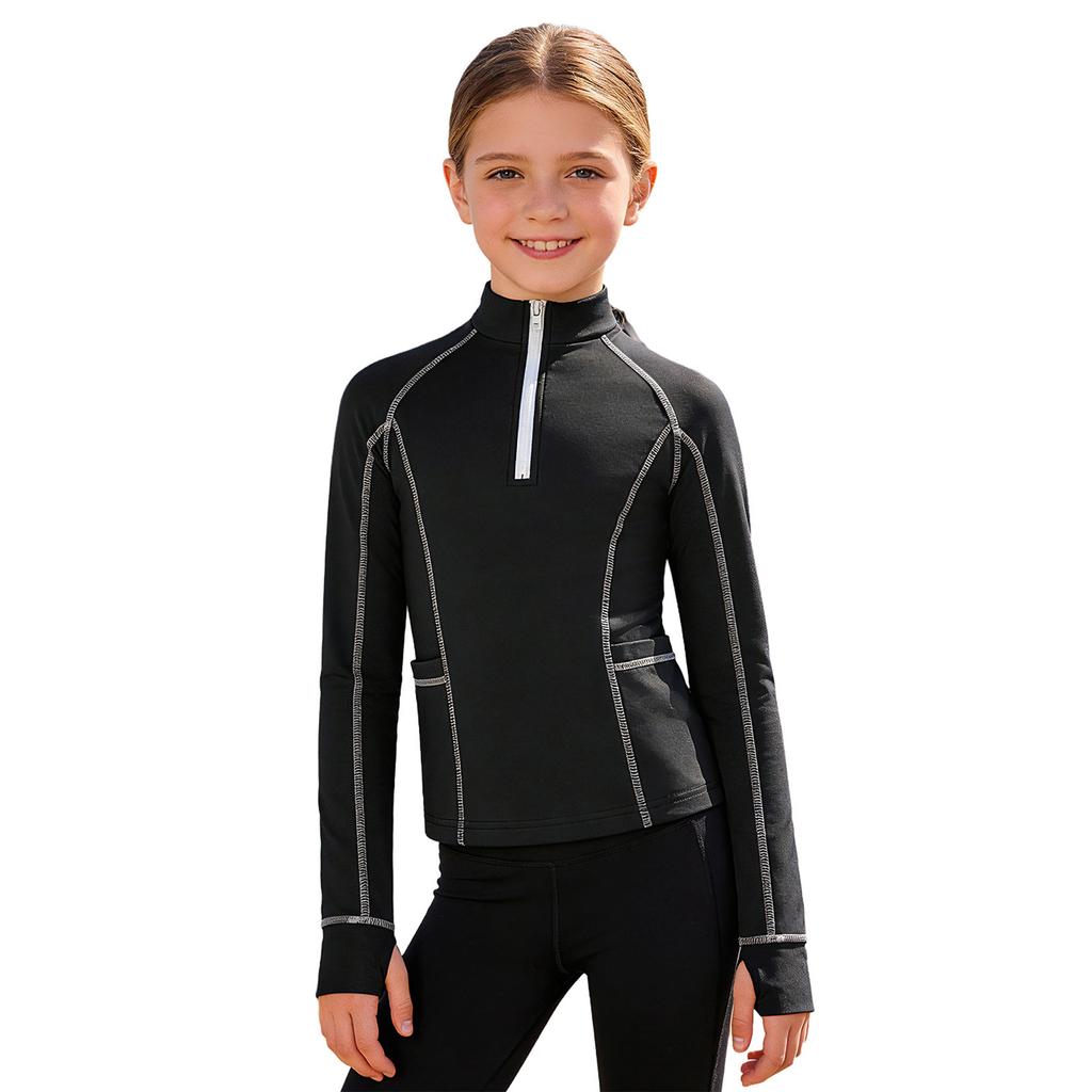 Детская рубашка для девочек для верховой езды с воротником-стойкой, длинными рукавами, отверстиями для большого пальца, застежкой-молнией, пуловер, спортивный топ с карманами