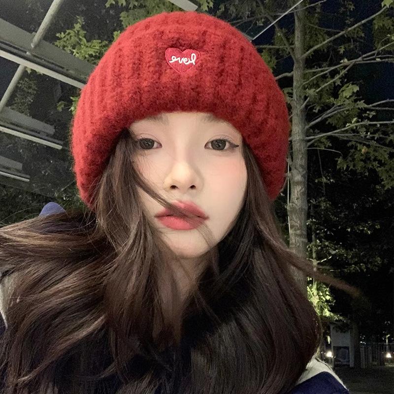 Love embroidered wool hat women's autumn and winter new big head circumference knitted hat large version warm ear protection cold hat