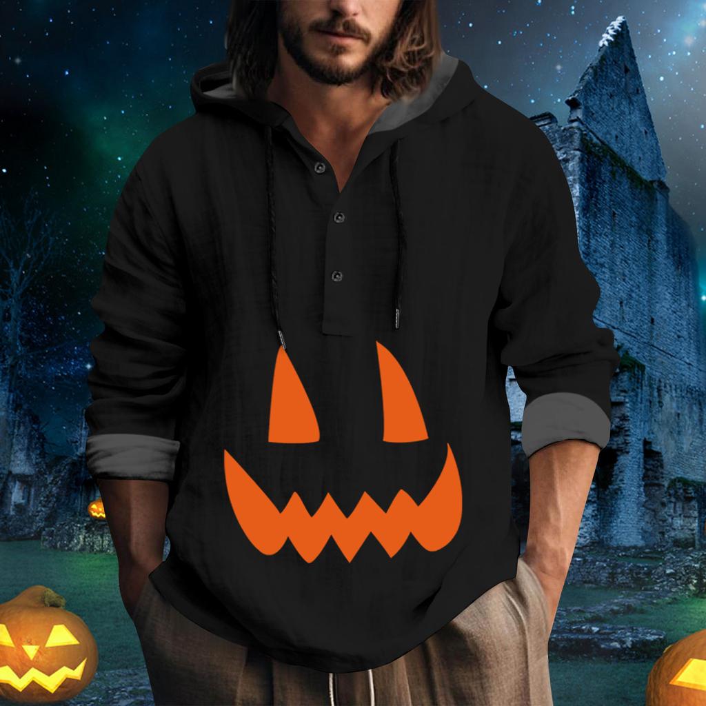 Halloween Printed Hooded Men's Oversized Drawstring Button Hoodie