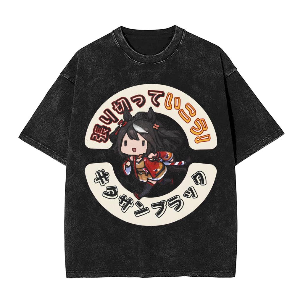 Kitasan Black Harikitte Ikou Umamusume T Shirts Hip Hop Washed Cotton Oversize T-Shirt Fashion Men Women Tops Streetwear Tees