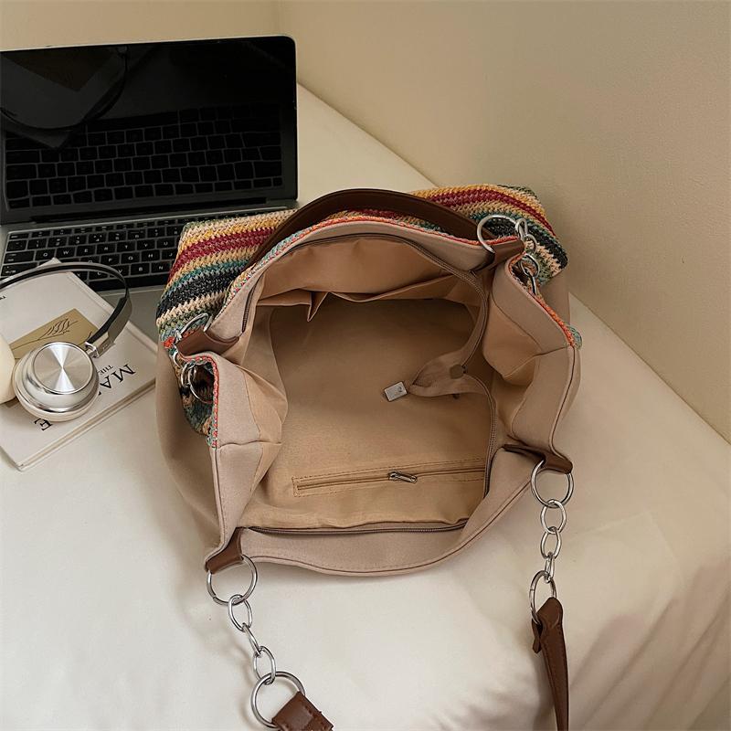 Женская сумка через плечо, полосатая сумка-тоут контрастного цвета, плетеная сумка-тоут, большая вместимость, плетеная сумка из соломы