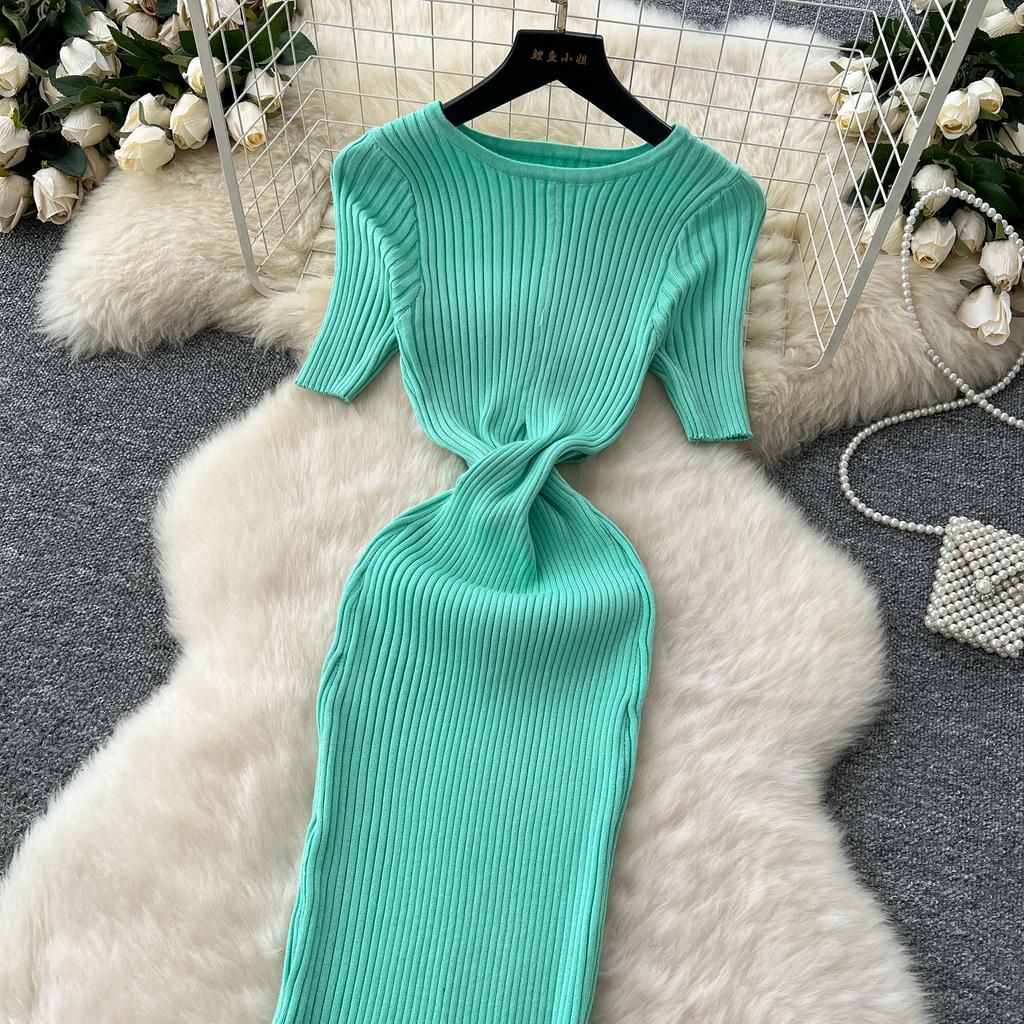 RUGOD сексуальное ажурное трикотажное платье 2025 года, облегающее, с коротким рукавом, с круглым вырезом, французское женское нежное облегающее длинное платье