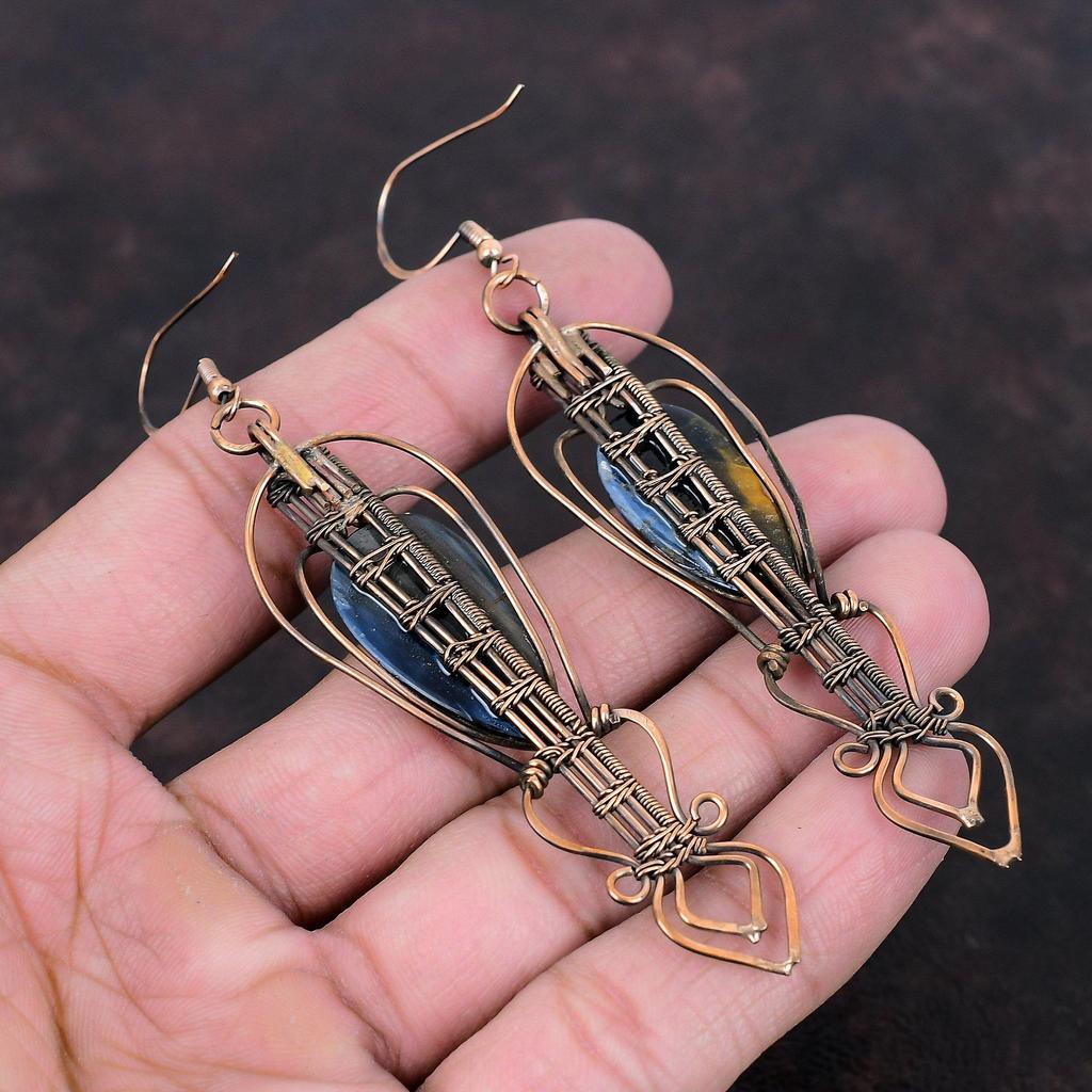 Серьги Pietersite, медные серьги с проволочной обмоткой, висячие серьги, медные украшения, серьги ручной работы с настоящим драгоценным камнем, абсолютно новые серьги в подарок маме